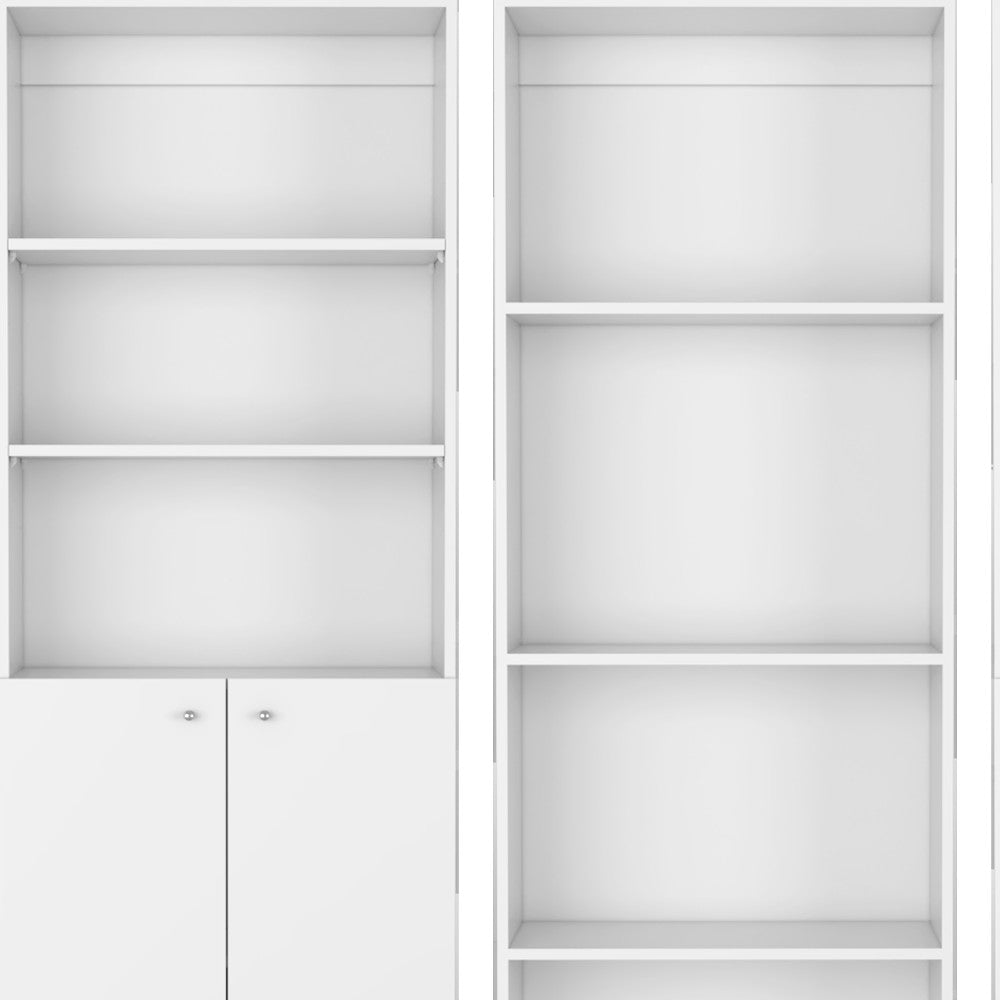 Set of Three White Wood Ten Tier Modular Bookcase with Four Doors
