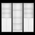 Set of Three White Wood Ten Tier Modular Bookcase with Four Doors