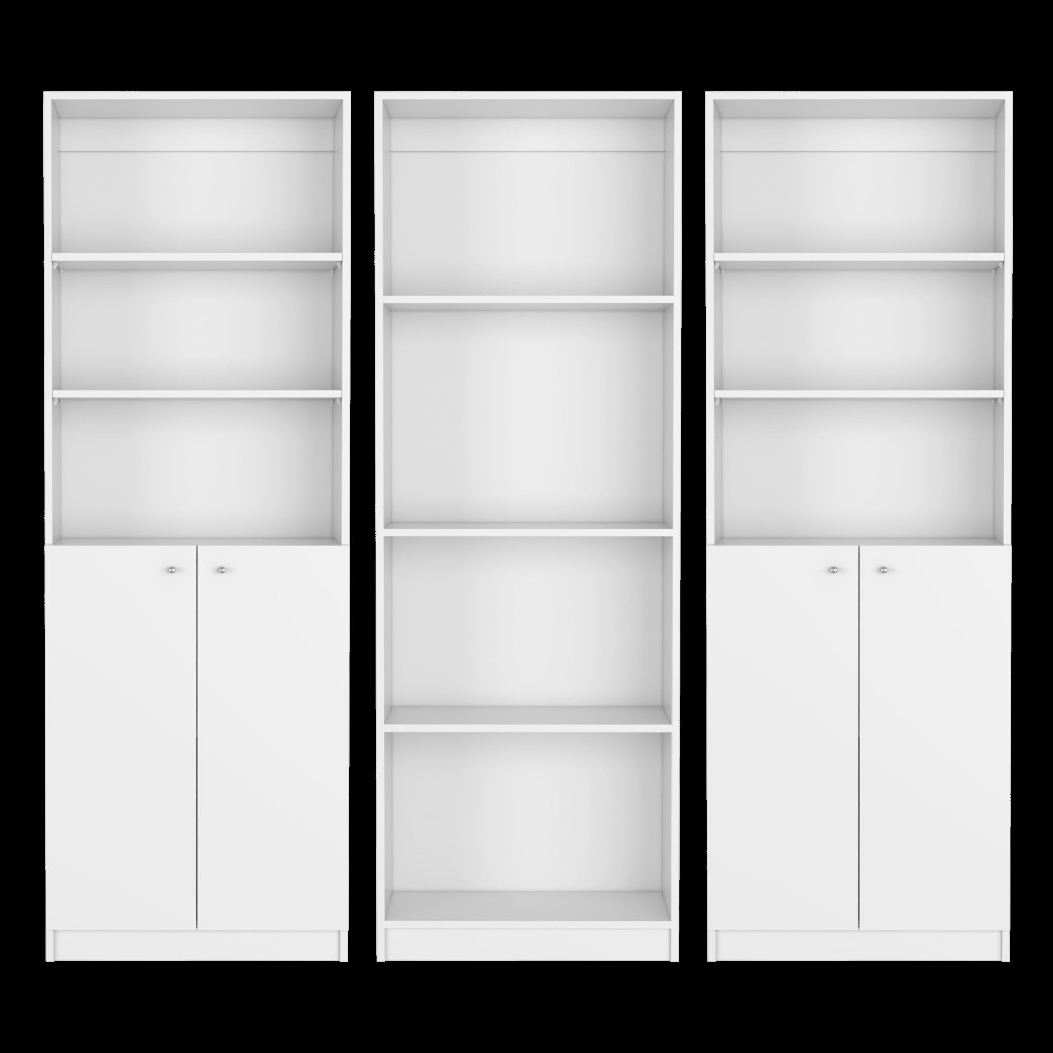 Set of Three White Wood Ten Tier Modular Bookcase with Four Doors