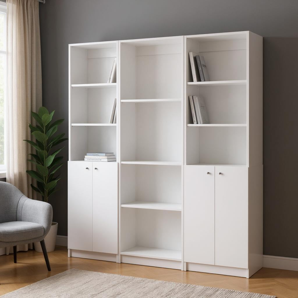 Set of Three White Wood Ten Tier Modular Bookcase with Four Doors