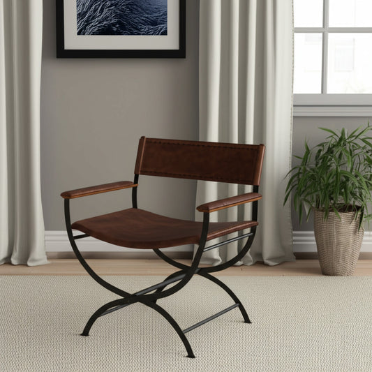 29" Brown and Black Metal And Genuine Leather Director's Chair