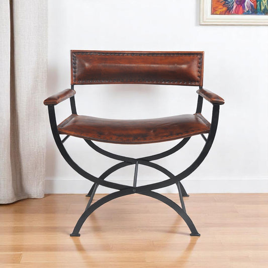 29" Brown and Black Metal And Genuine Leather Director's Chair