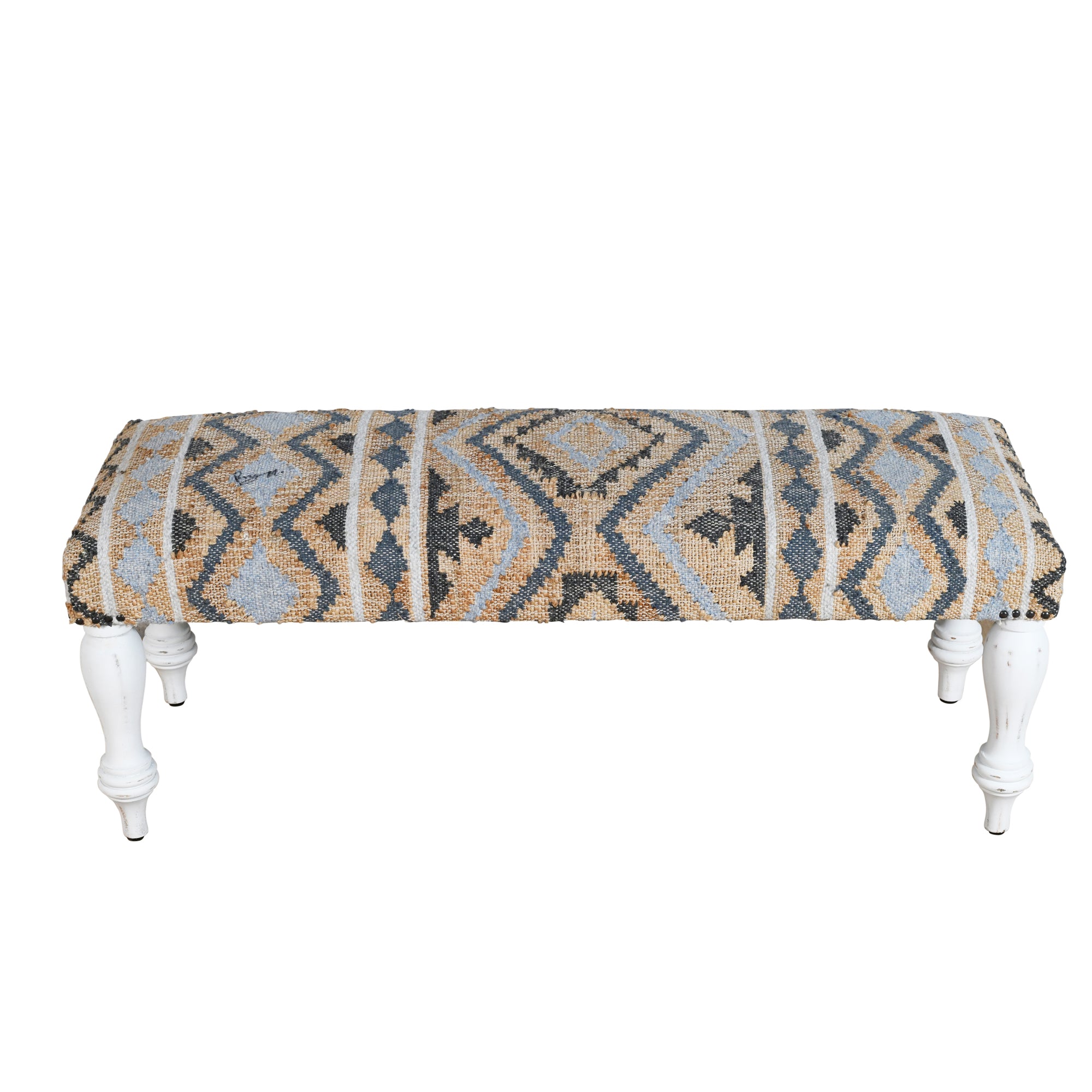 47" Beige Blue and White Geometric Cotton Blend Upholstered Bench