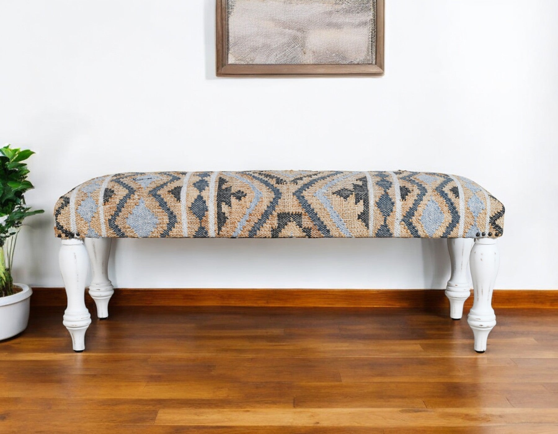 47" Beige Blue and White Geometric Cotton Blend Upholstered Bench