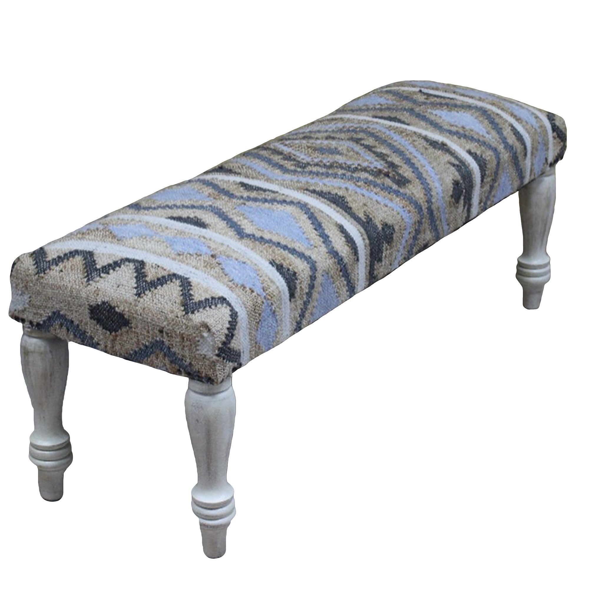 47" Beige Blue and White Geometric Cotton Blend Upholstered Bench