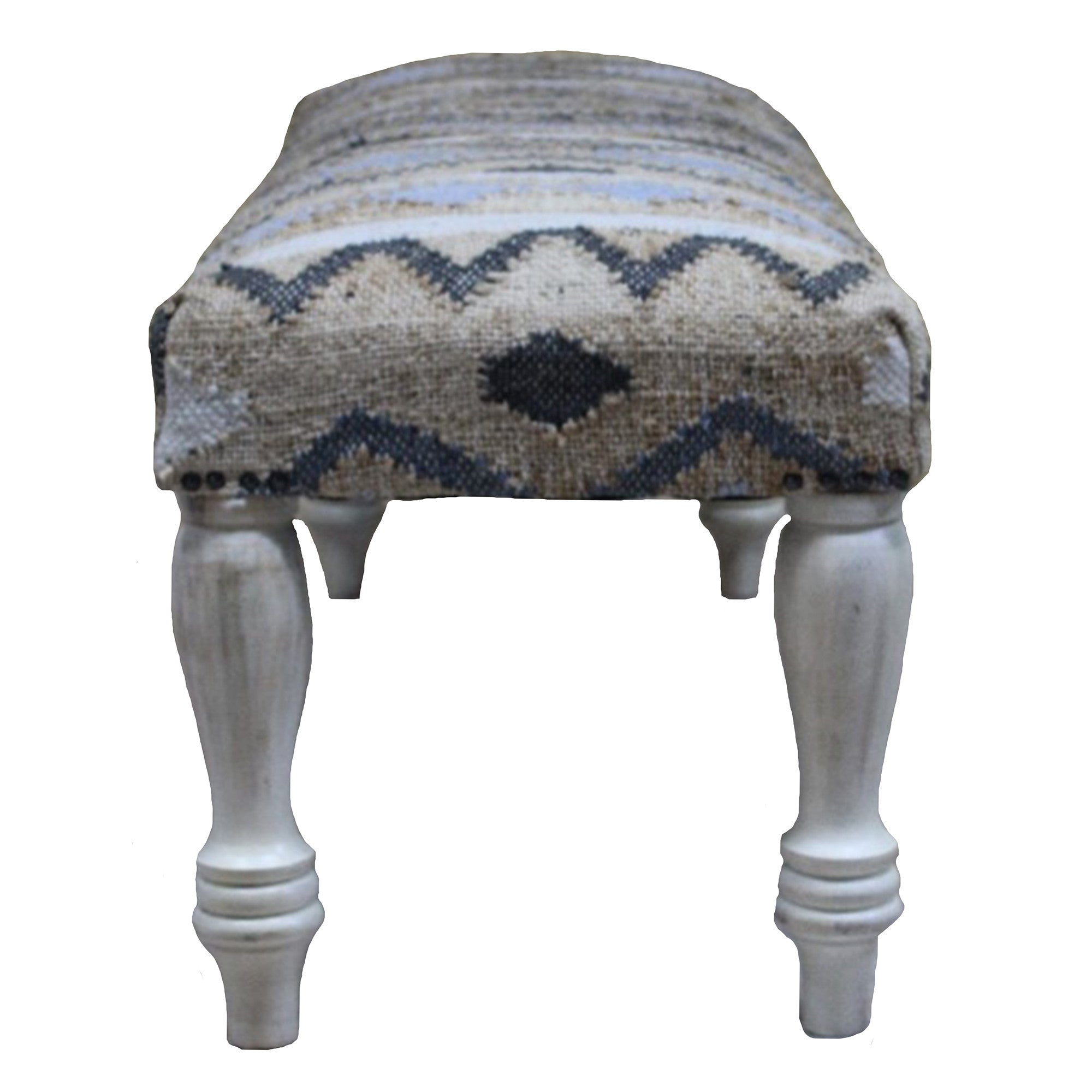 47" Beige Blue and White Geometric Cotton Blend Upholstered Bench