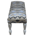 47" Beige Blue and White Geometric Cotton Blend Upholstered Bench