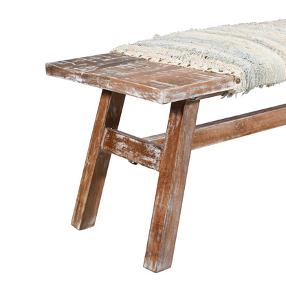 50" White and Brown Cotton Upholstered Striped Bench