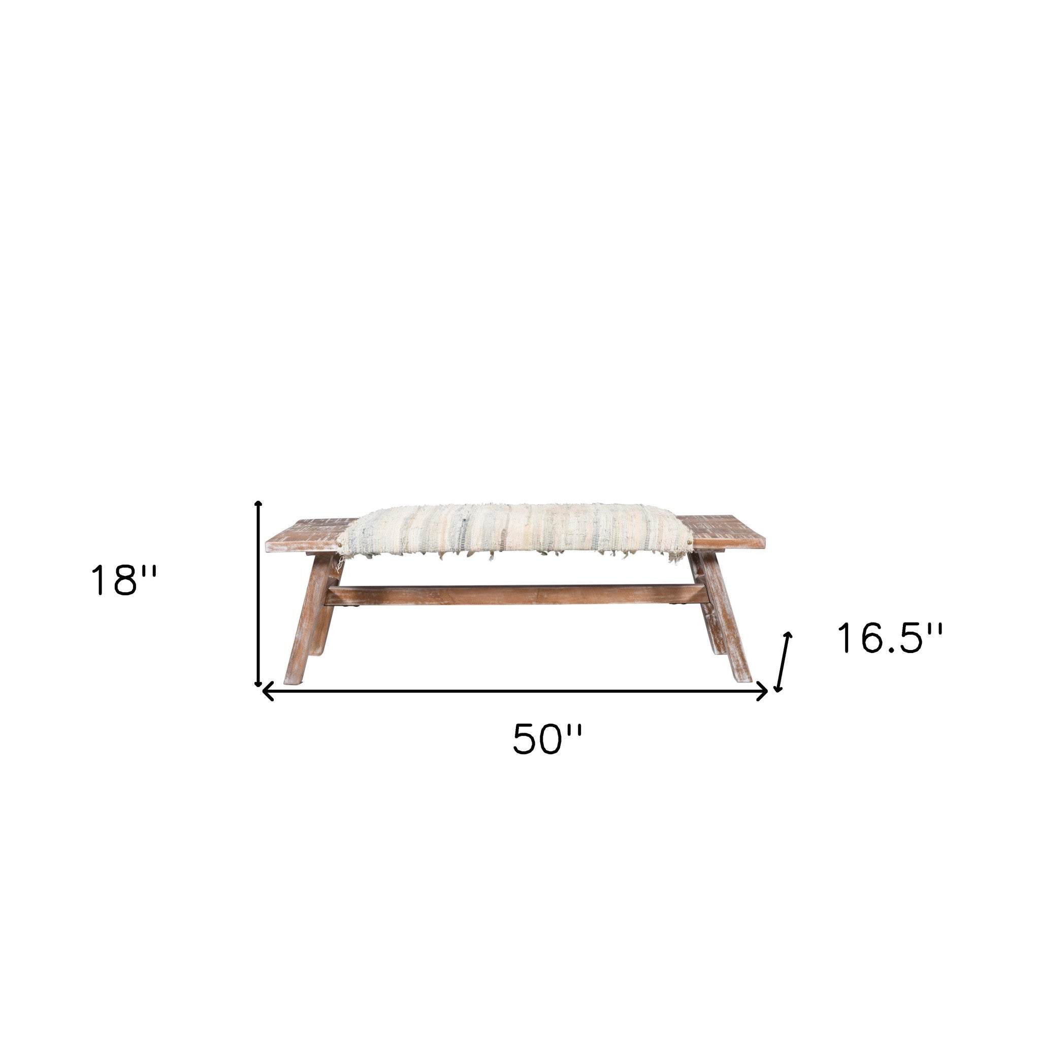 50" White and Brown Cotton Upholstered Striped Bench