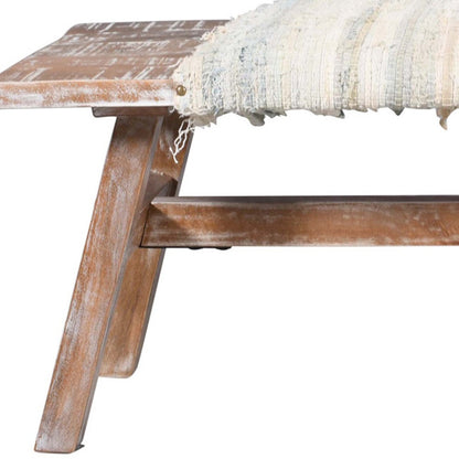 50" White and Brown Cotton Upholstered Striped Bench