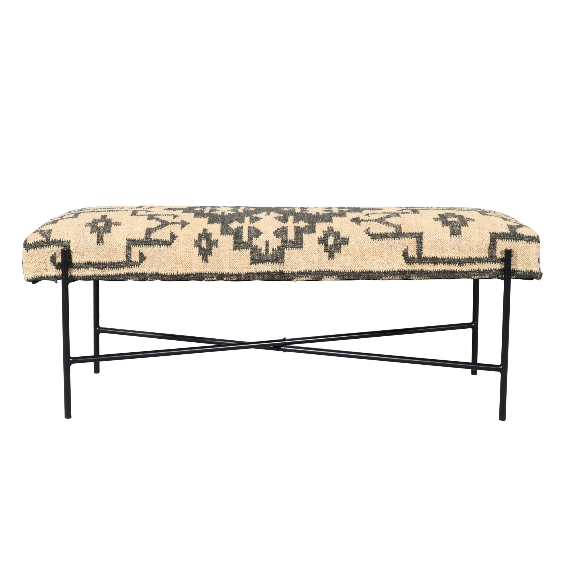 48" Cream and Black Cotton Blend Upholstered Southwest Bench