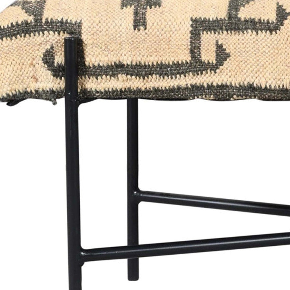 48" Cream and Black Cotton Blend Upholstered Southwest Bench
