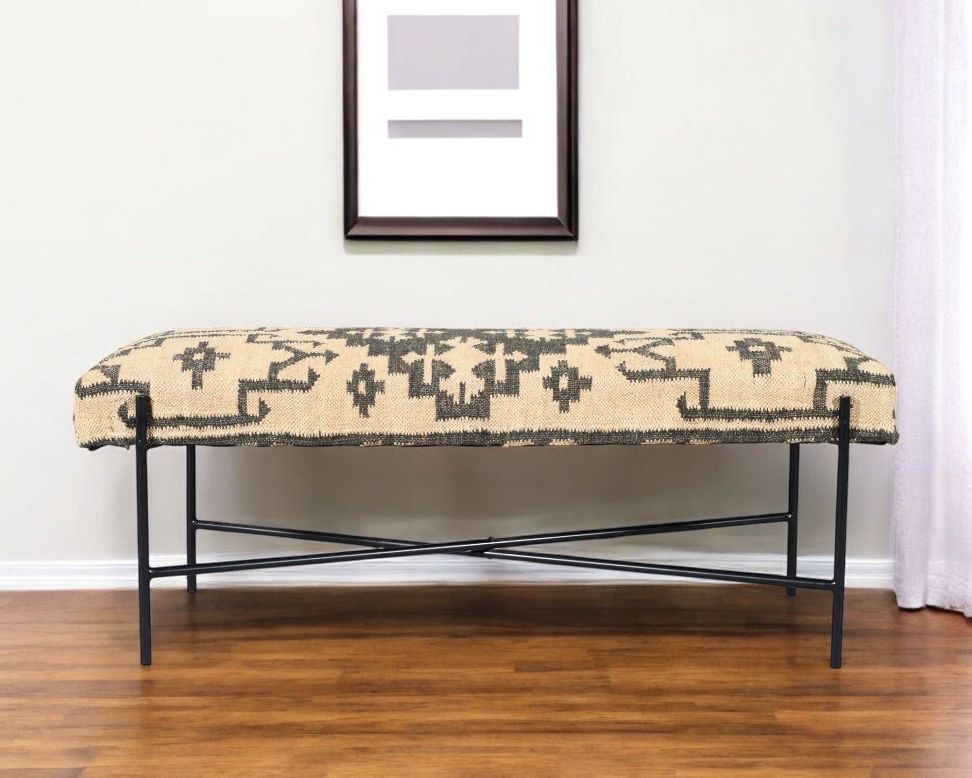 48" Cream and Black Cotton Blend Upholstered Southwest Bench