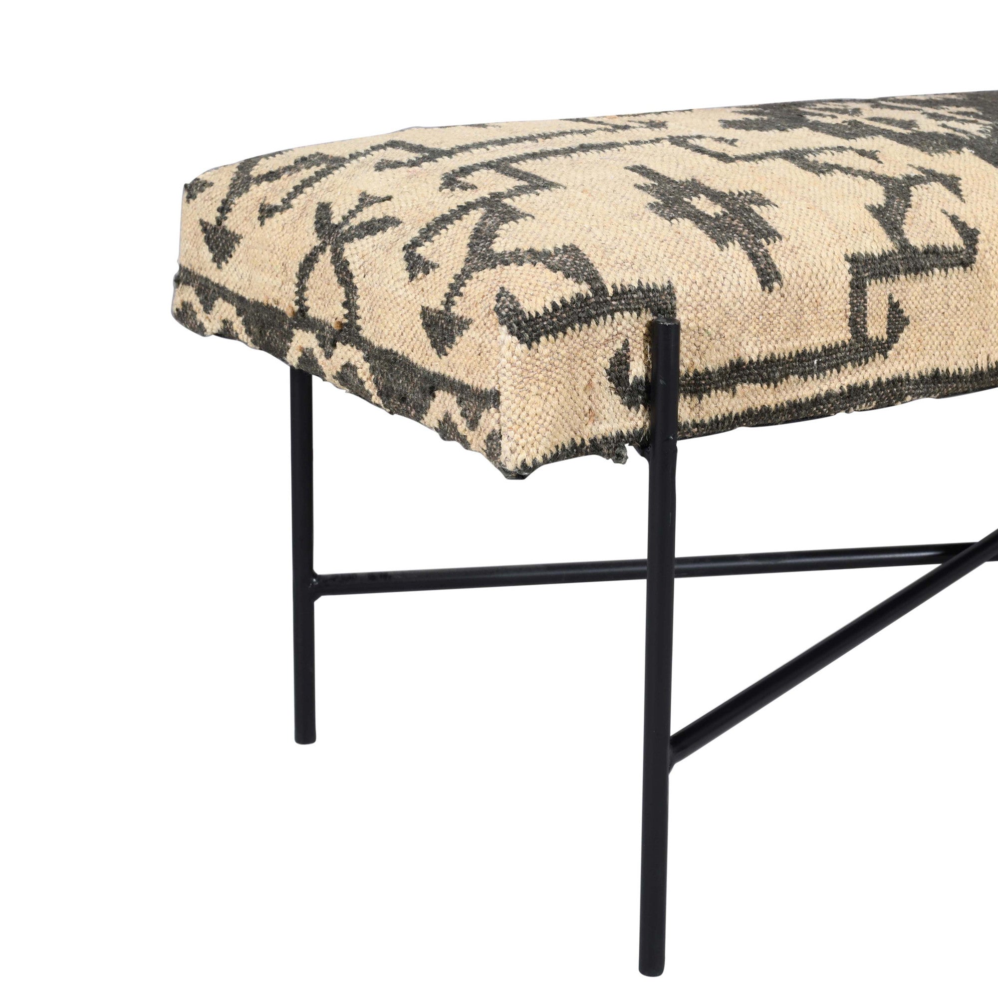 48" Cream and Black Cotton Blend Upholstered Southwest Bench