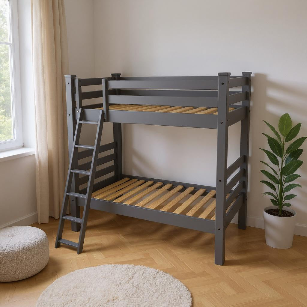 Gray Queen Traditional Solid Wood Bunk Bed