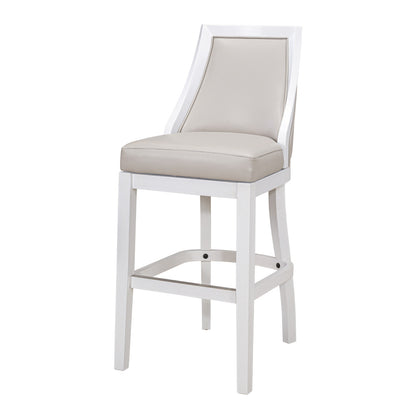 31" Gray And White Faux Leather And Solid Wood Bar Height Swivel Bar Chair