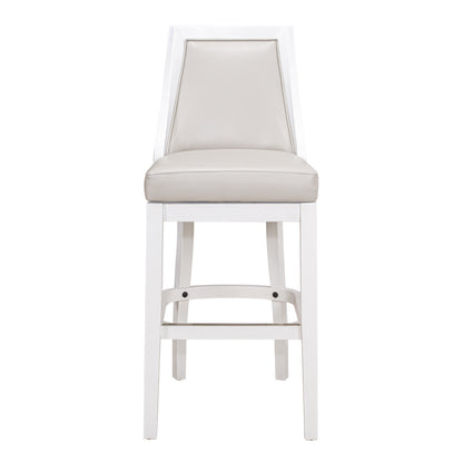 31" Gray And White Faux Leather And Solid Wood Bar Height Swivel Bar Chair