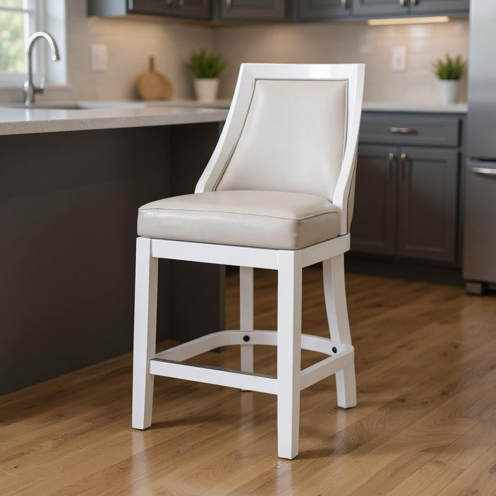 26" Gray And White Faux Leather And Solid Wood Counter Height Swivel Bar Chair