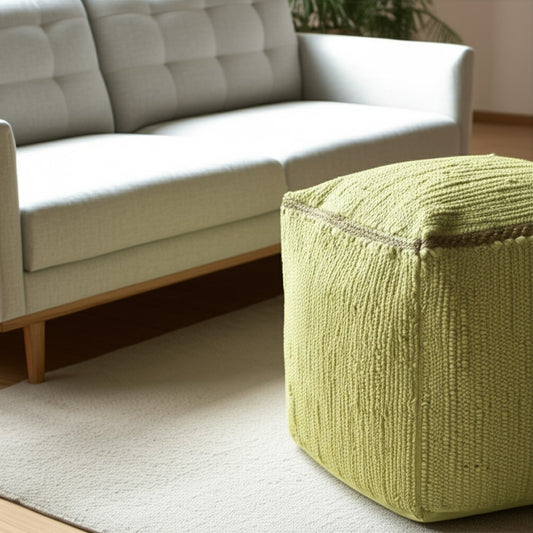 18" Citron and Natural Cotton And Jute Cube Pouf Ottoman