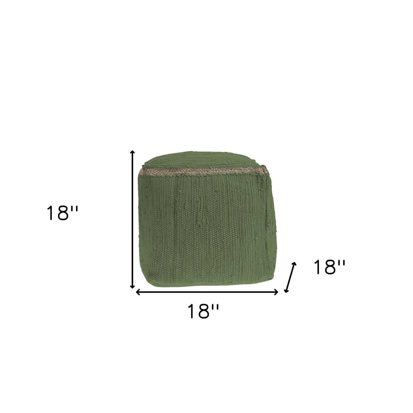 18" Moss Green And Natural Cotton And Jute Cube Pouf Ottoman