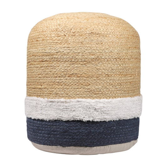 18" Natural And Navy Blue Jute Blend Cylinder Striped Pouf Ottoman