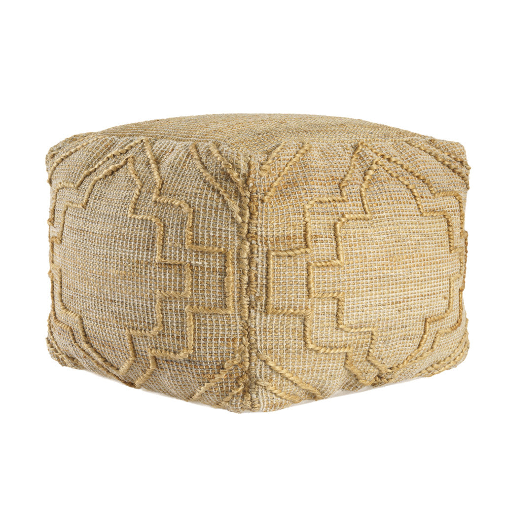 18" Natural Jute Blend Cube Quatrefoil Pouf Ottoman
