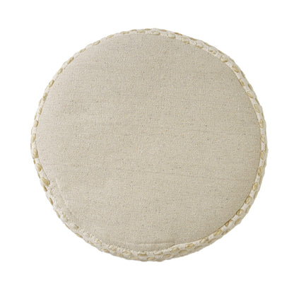 18" Natural And Ivory Cotton Blend Round Striped Pouf Ottoman