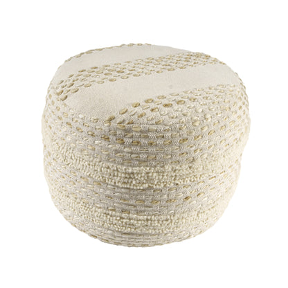 18" Natural And Ivory Cotton Blend Round Striped Pouf Ottoman