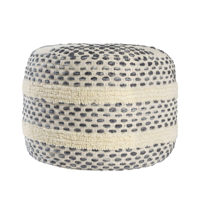 18" Ivory And Blue Cotton Blend Round Striped Pouf Ottoman