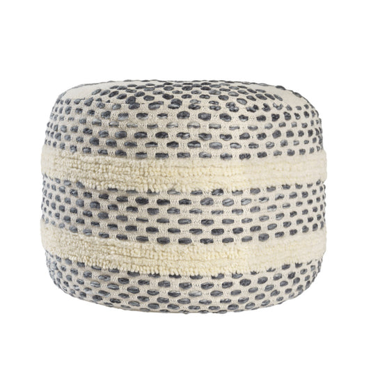 18" Ivory And Blue Cotton Blend Round Striped Pouf Ottoman