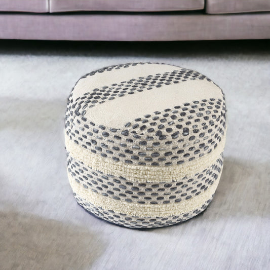 18" Ivory And Blue Cotton Blend Round Striped Pouf Ottoman