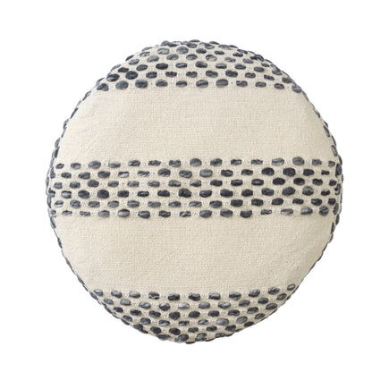 18" Ivory And Blue Cotton Blend Round Striped Pouf Ottoman