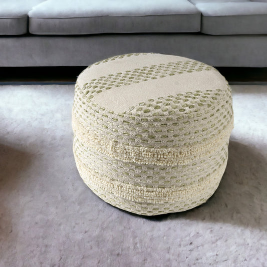18" Ivory And Green Cotton Blend Round Striped Pouf Ottoman