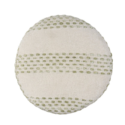 18" Ivory And Green Cotton Blend Round Striped Pouf Ottoman