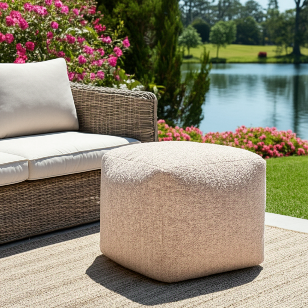 18" Taupe Polyester Cube Outdoor Pouf Ottoman