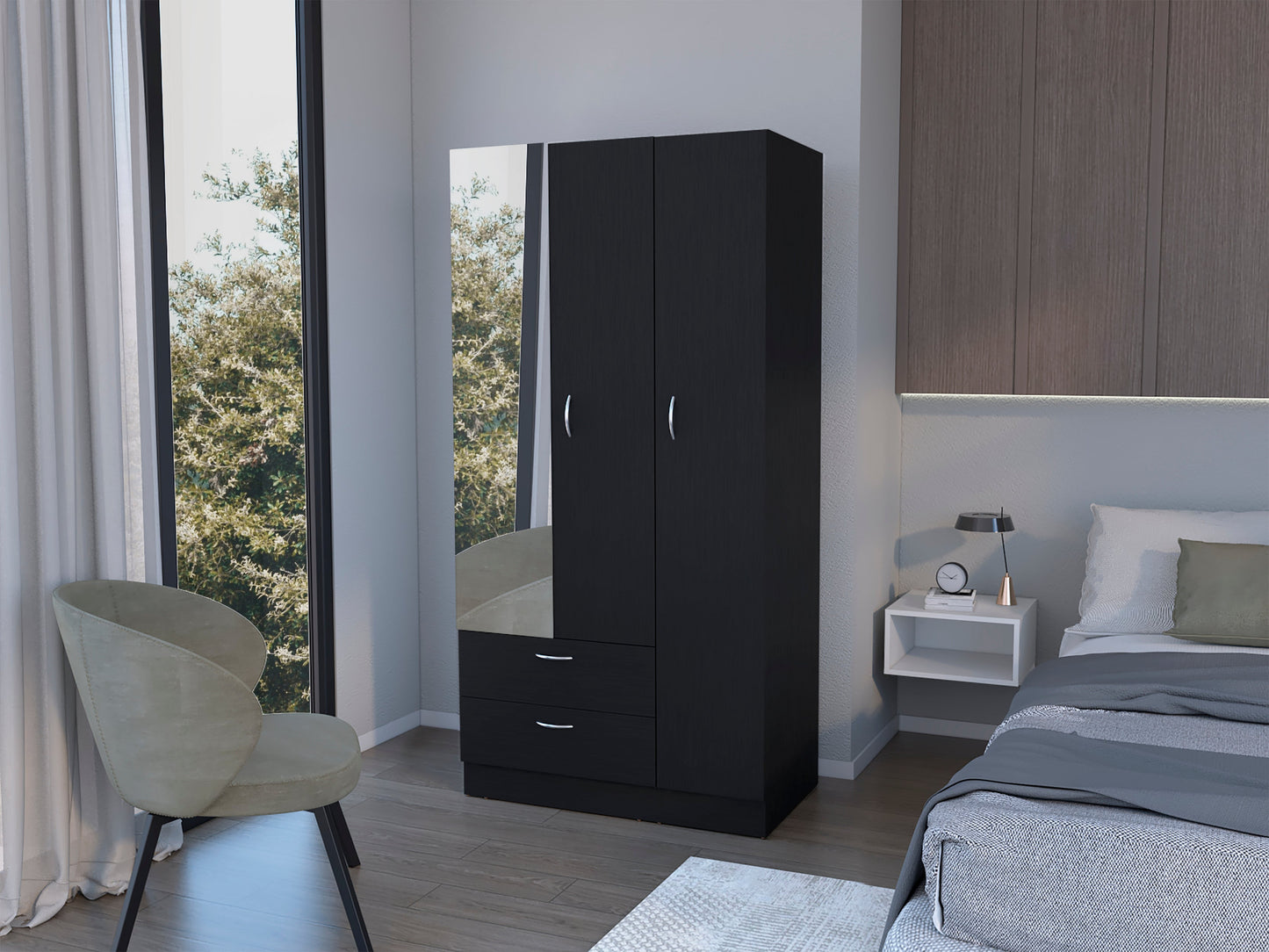 71" Black Mirrored Two Door Two Drawer Combo Dresser