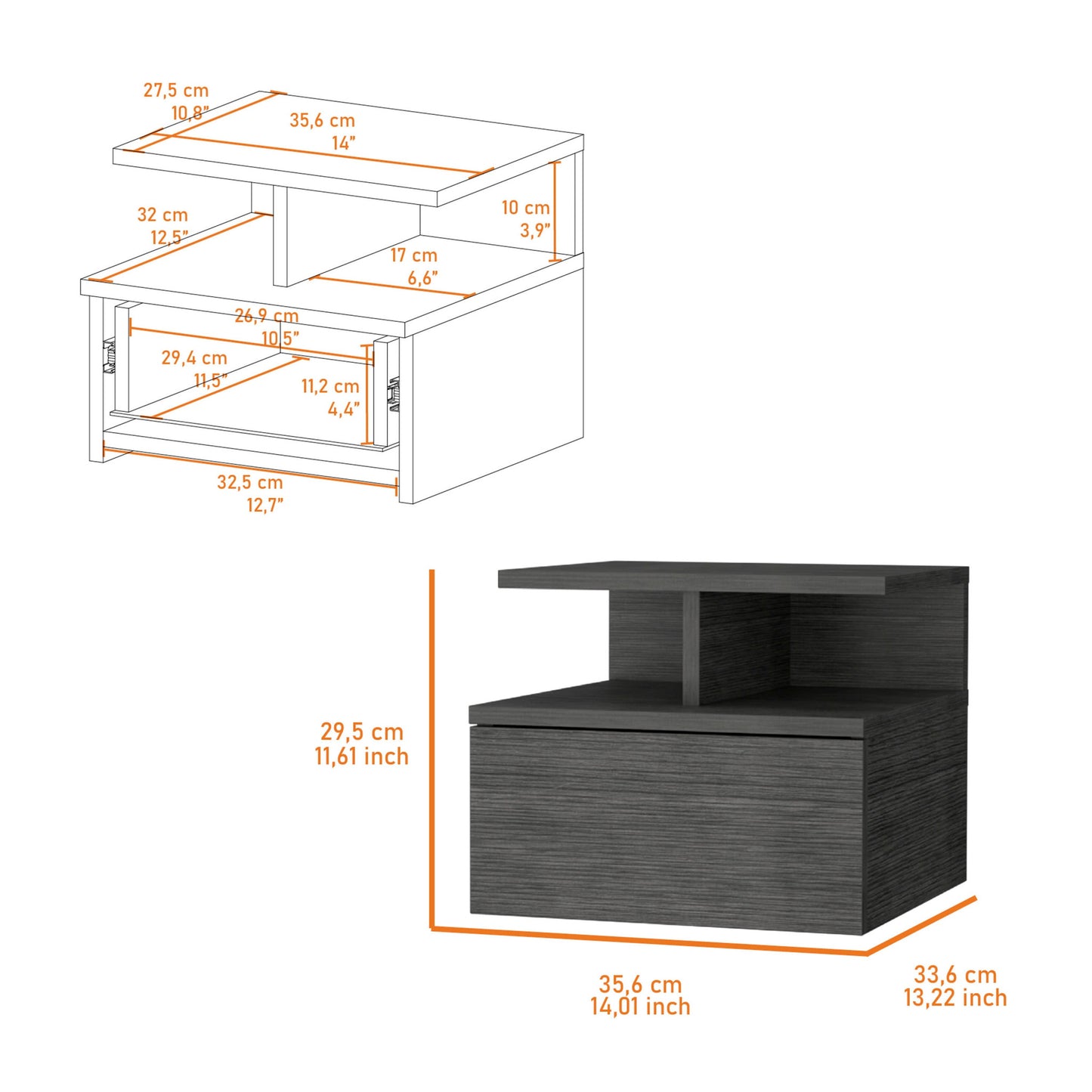 12" Gray Wood One Drawer Floating Nightstand