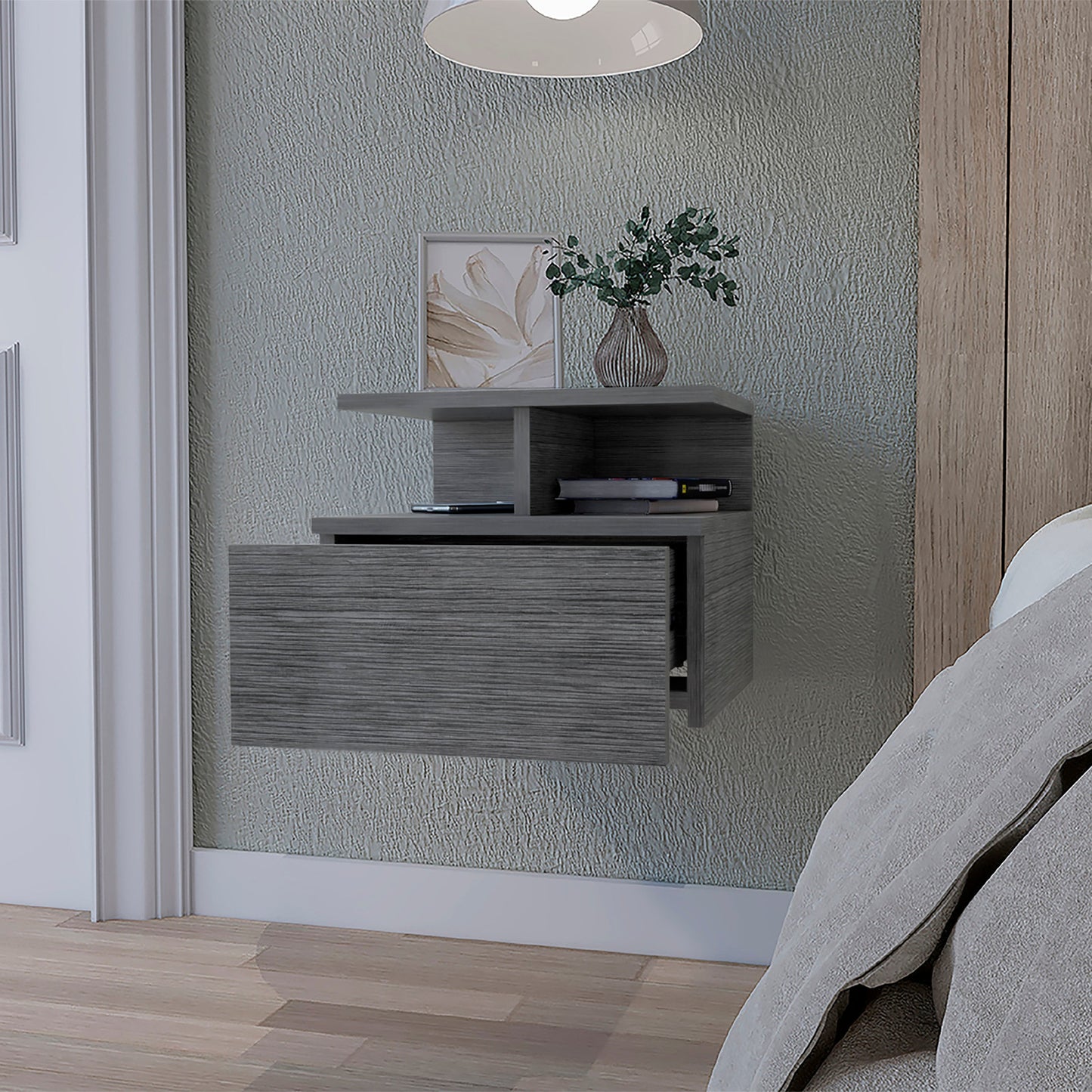 12" Gray Wood One Drawer Floating Nightstand