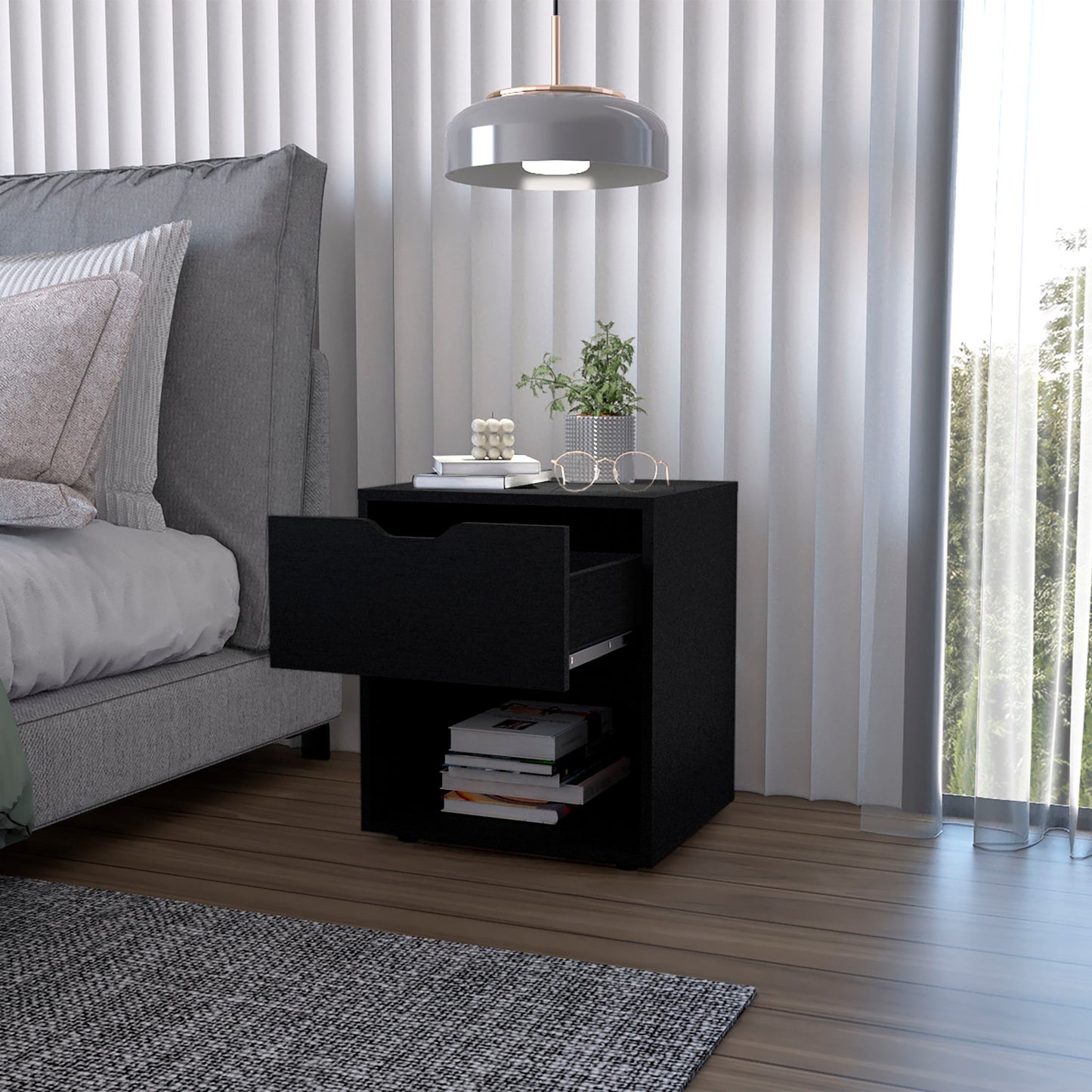 20" Black Wood One Drawer Nightstand