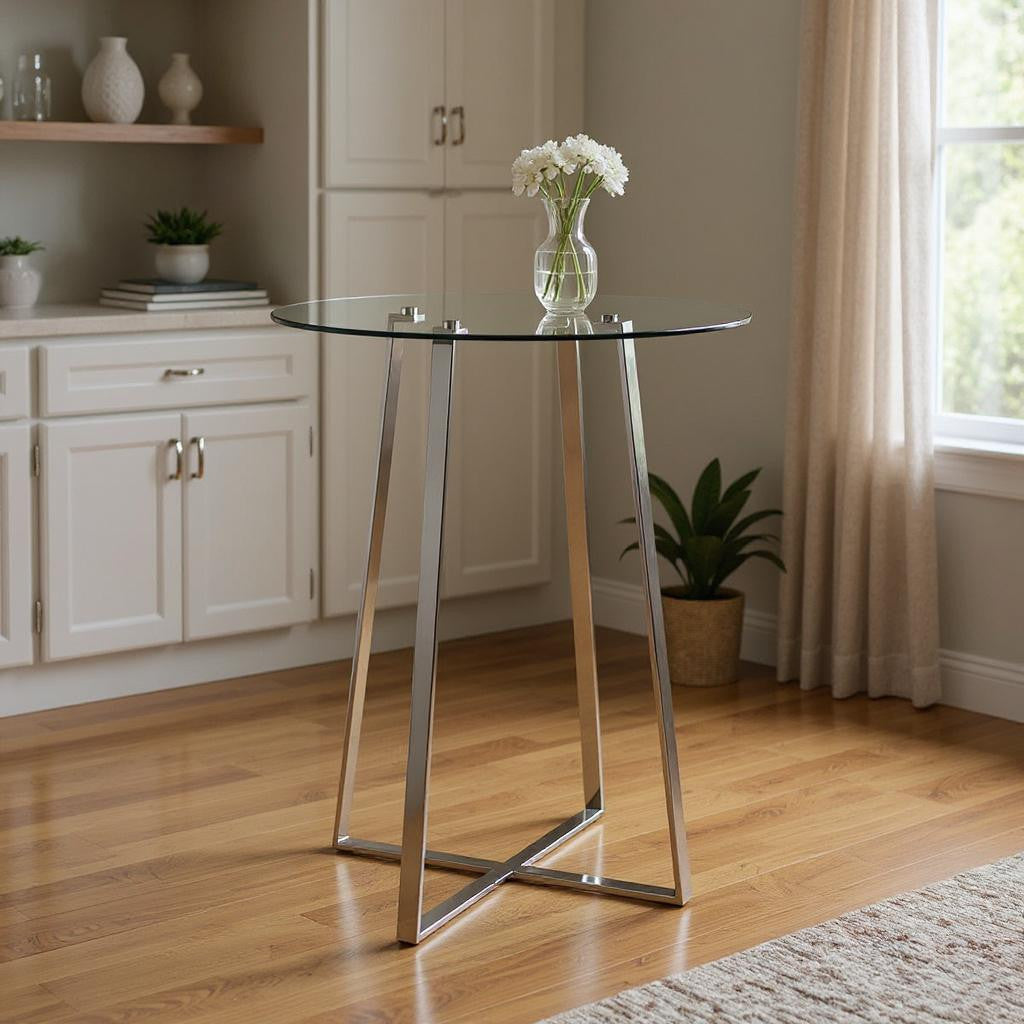 32" Clear and Silver Rounded Glass and Iron Bar Table