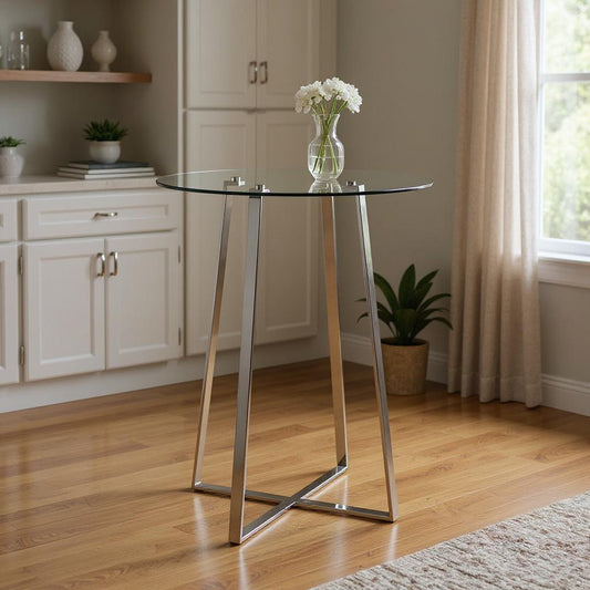 32" Clear and Silver Rounded Glass and Iron Bar Table