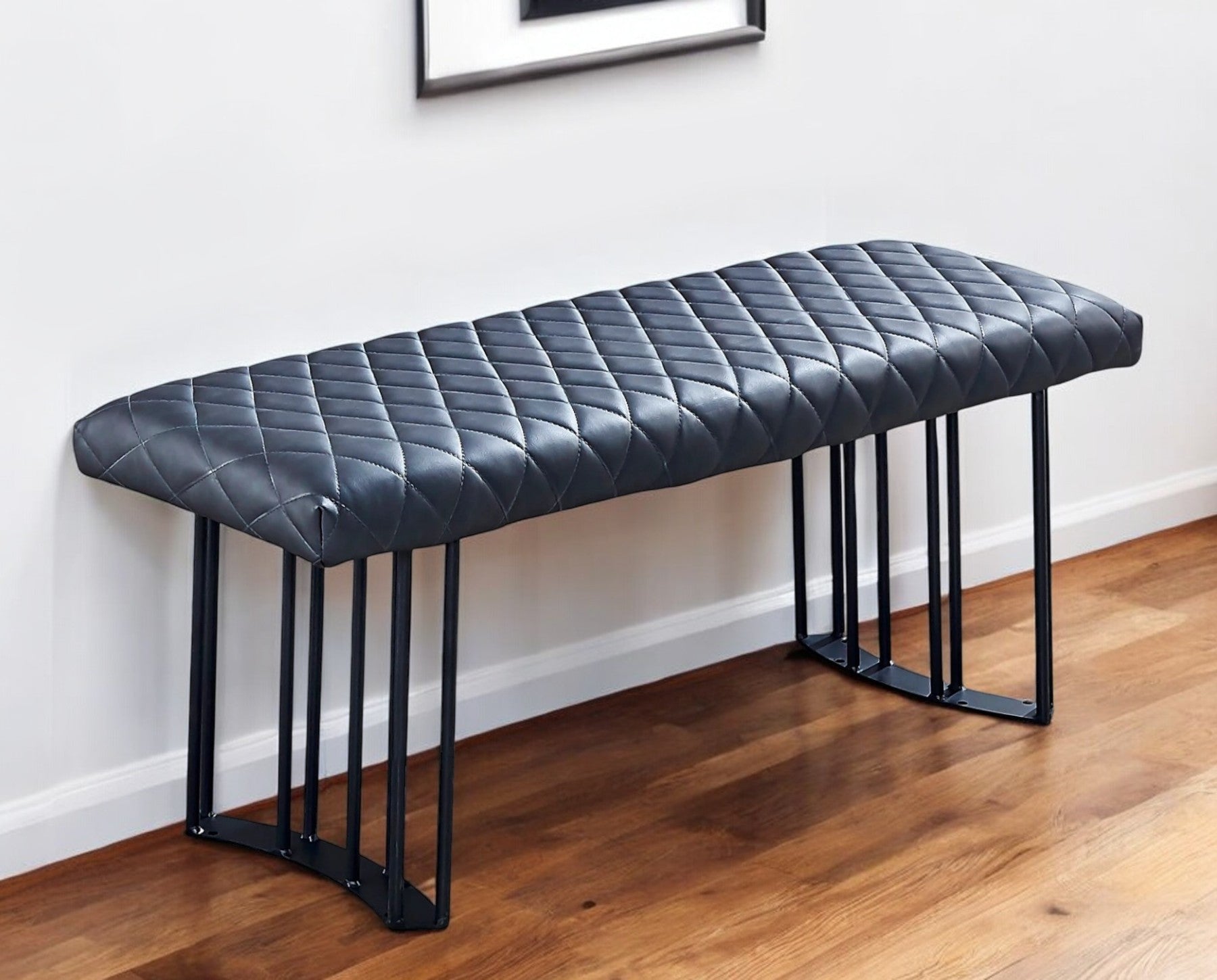 47" Dark Gray and Black Faux Leather Upholstered Dining Bench