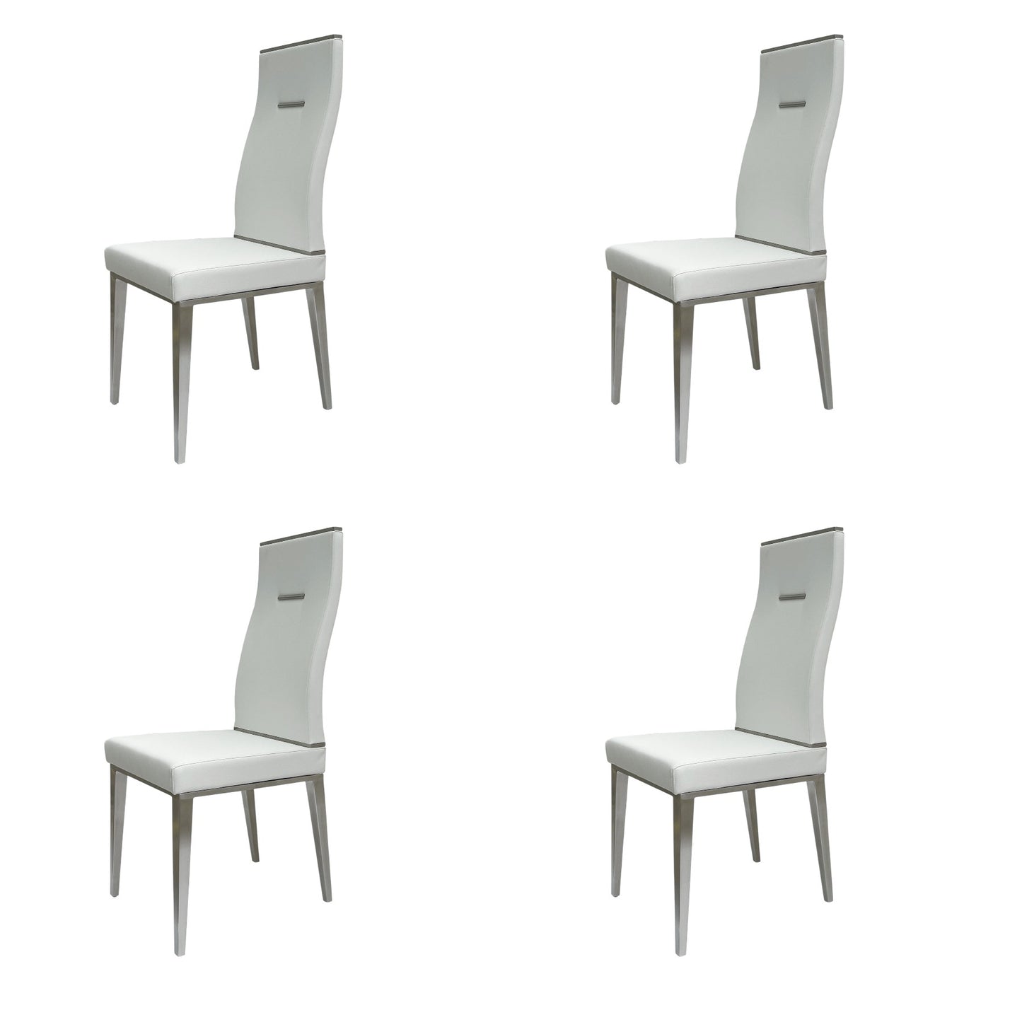 Set of Four White and Silver Upholstered Faux Leather Dining Side Chairs