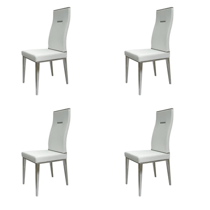 Set of Four White and Silver Upholstered Faux Leather Dining Side Chairs
