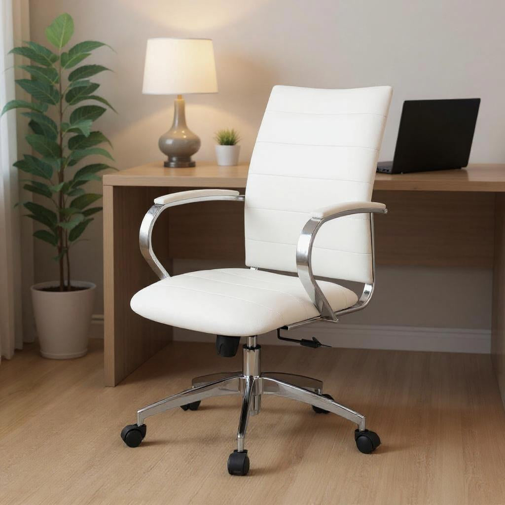 White and Silver Adjustable Height Swivel Rolling Office Chair