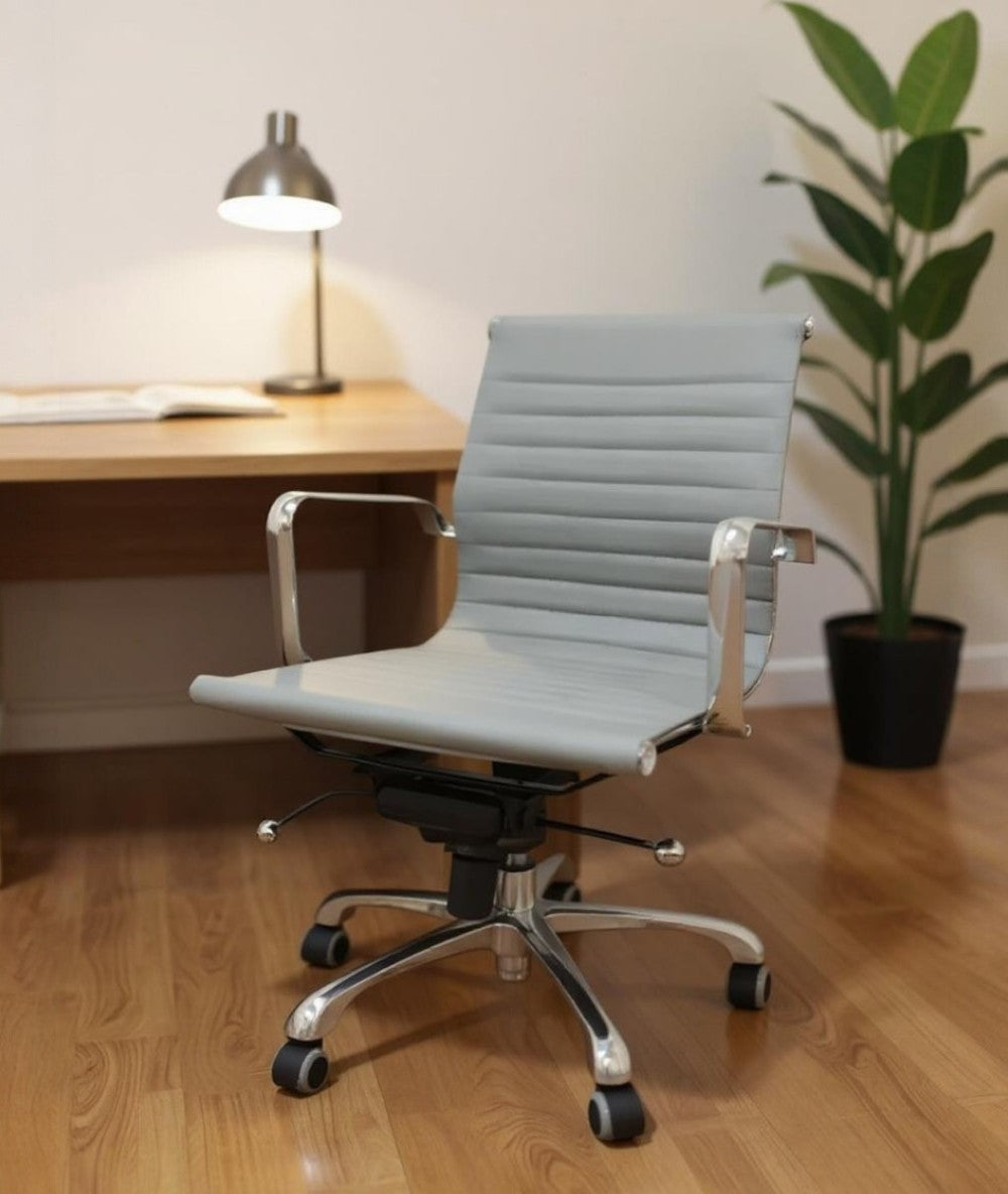 Gray and Silver Faux Leather Adjustable Height Swivel Rolling Office Chair