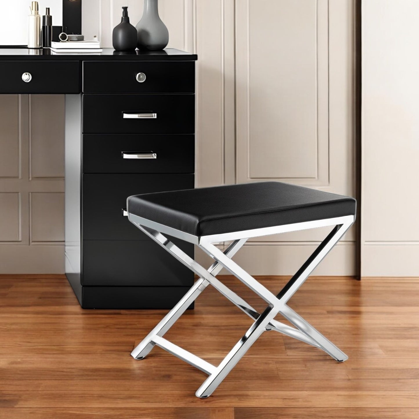 21" Black and Silver Faux Leather Vanity Chair