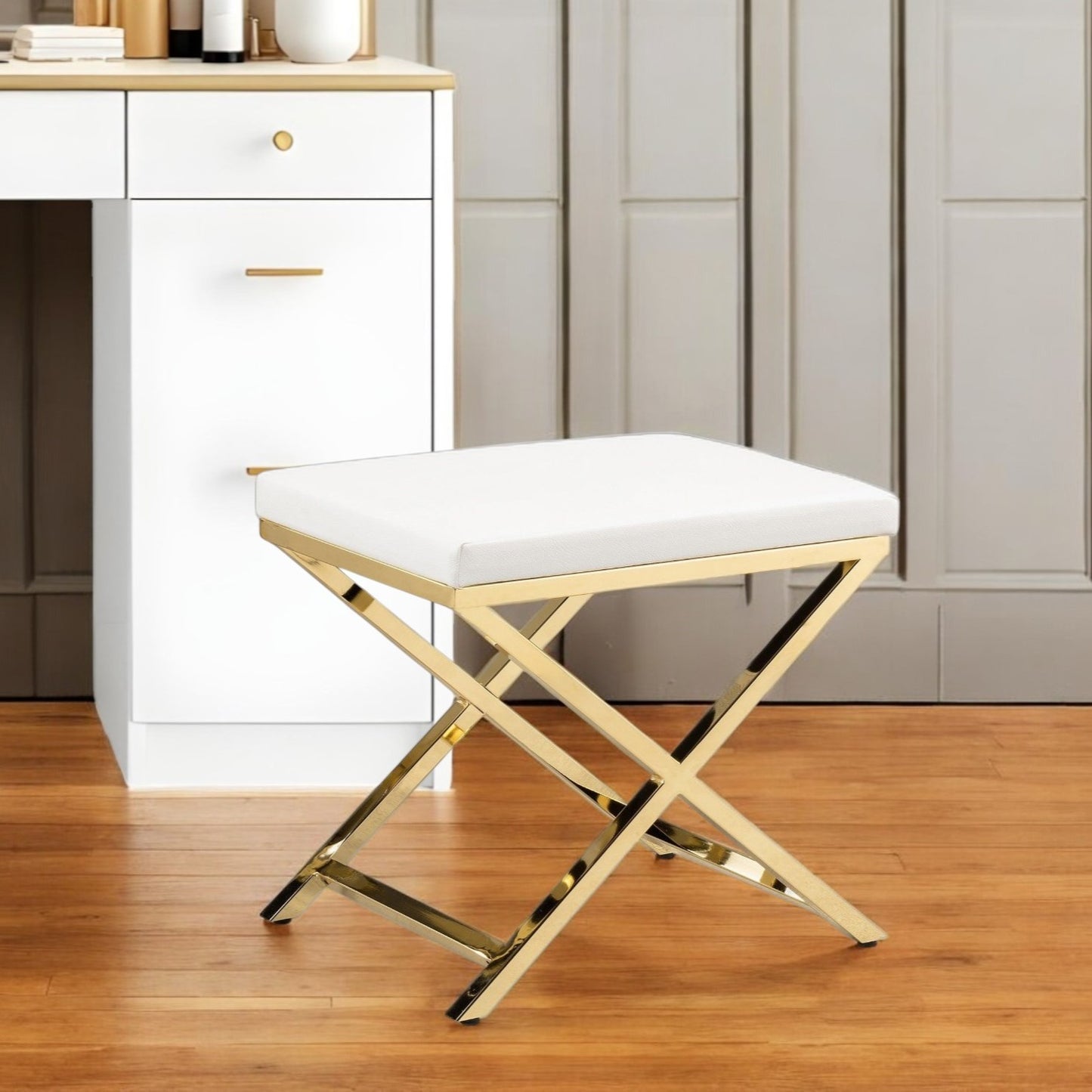 21" White and Gold Faux Leather Vanity Chair