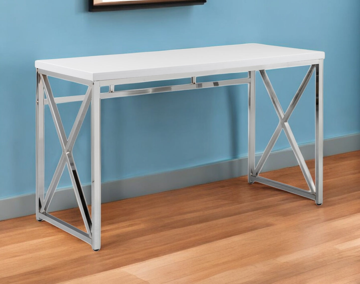 47" White and Silver Wood and Metal Computer Desk