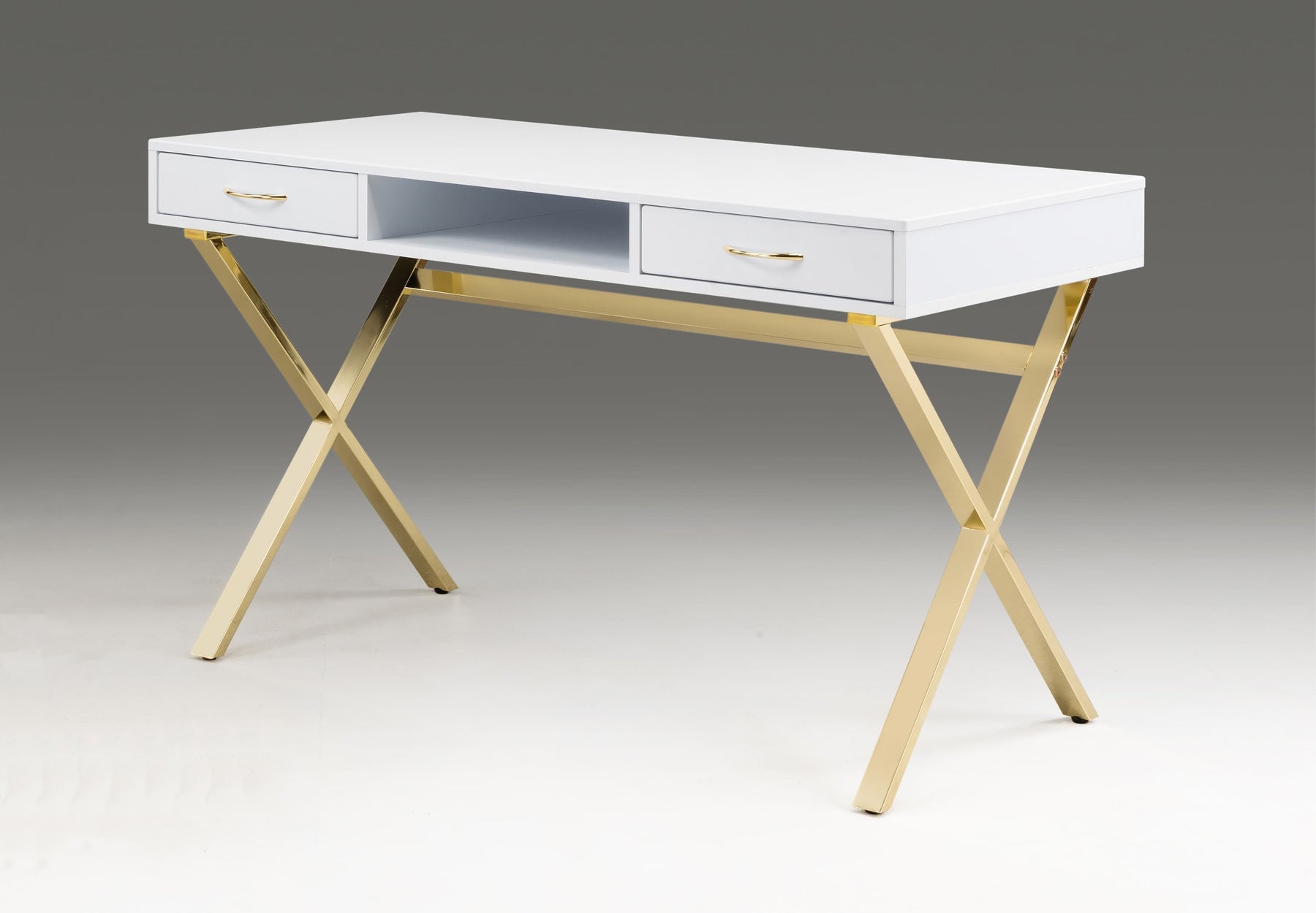 47" White and Gold Wood and Metal Computer Desk With Two Drawers